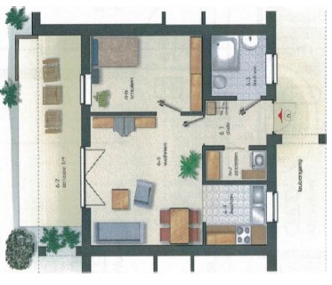 Grundriss der Wohnung Nr. 6 mit Wohn- und Kochbereich unten links, Schlafzimmer gegenüber, rechts kleinem Bad und Abstellkammer gegenüber und großer Terasse links